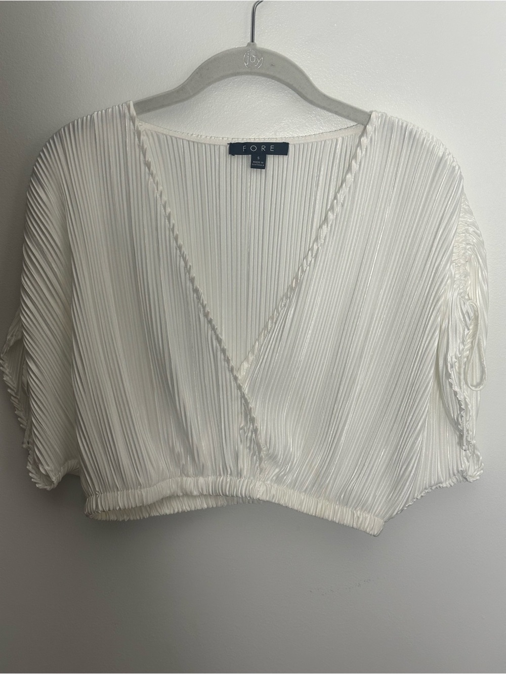 FORE White Ivory Metallic Plissé Wrap Crop Top S